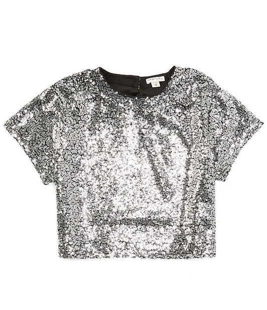 All-over Sequin Mesh Silver Top