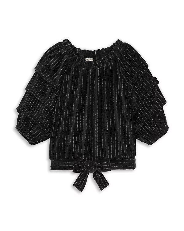 Velour Gathered Sleeves Black Top
