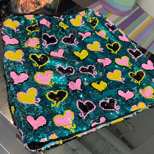 Multicolor Heart Print Sequin Mini Skirt