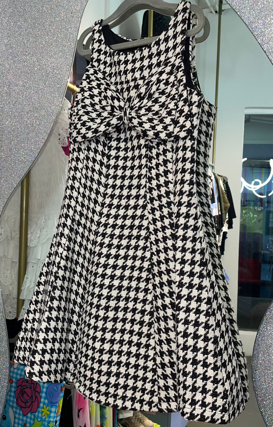 Houndstooth Flare Dress w/ Double Bow Black Multi