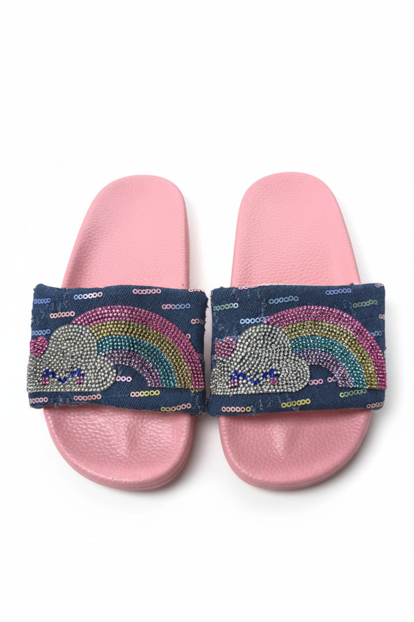 Denim Rainbow Patch Slides