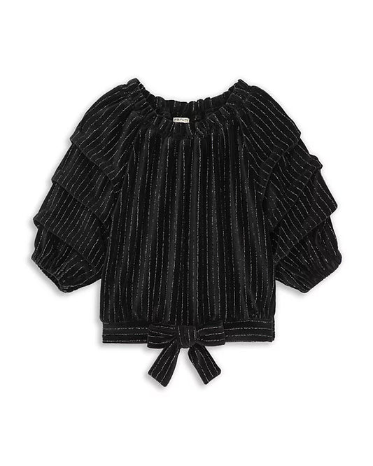 Velour Gathered Sleeves Black Top