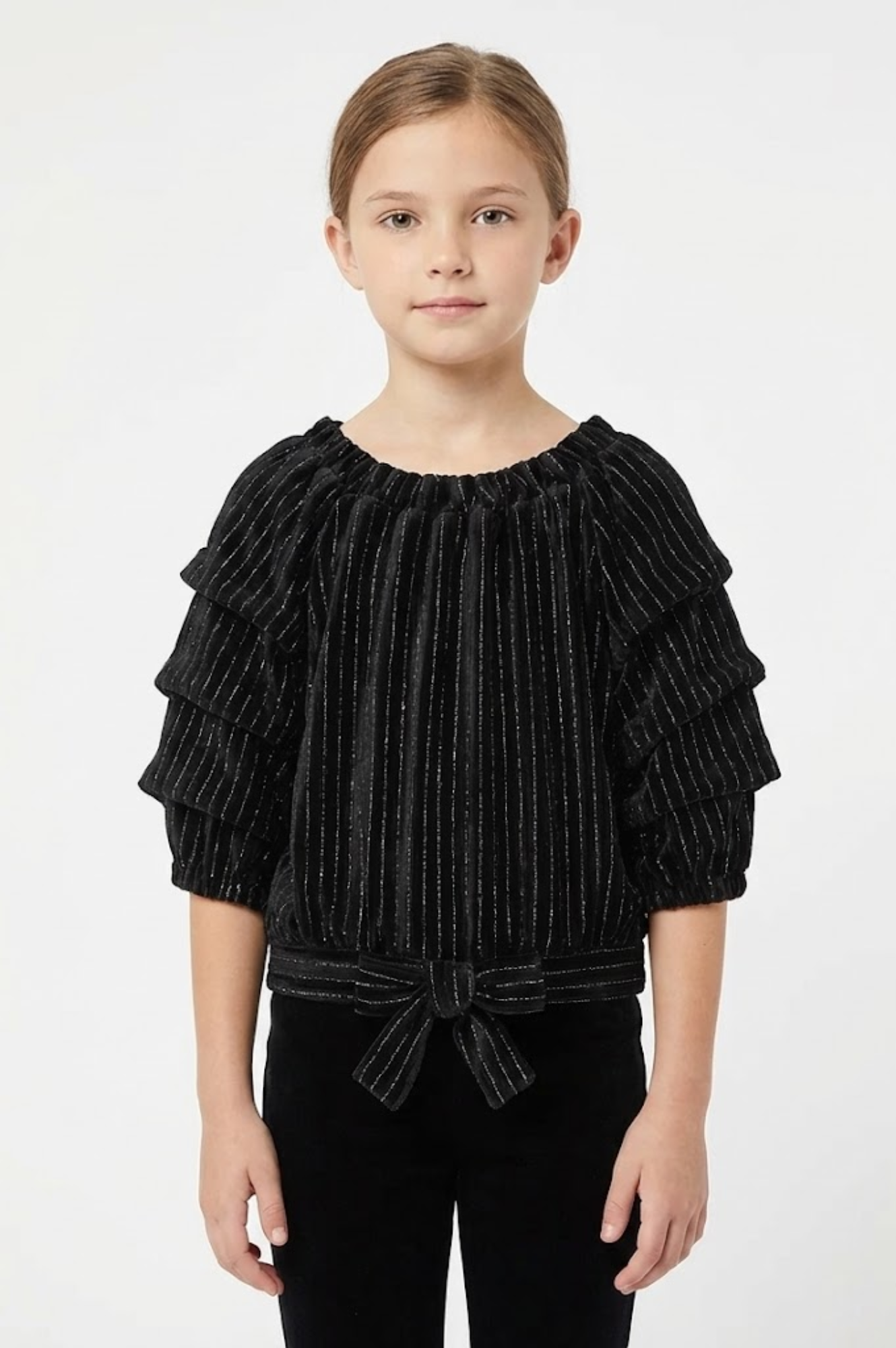 Velour Gathered Sleeves Black Top