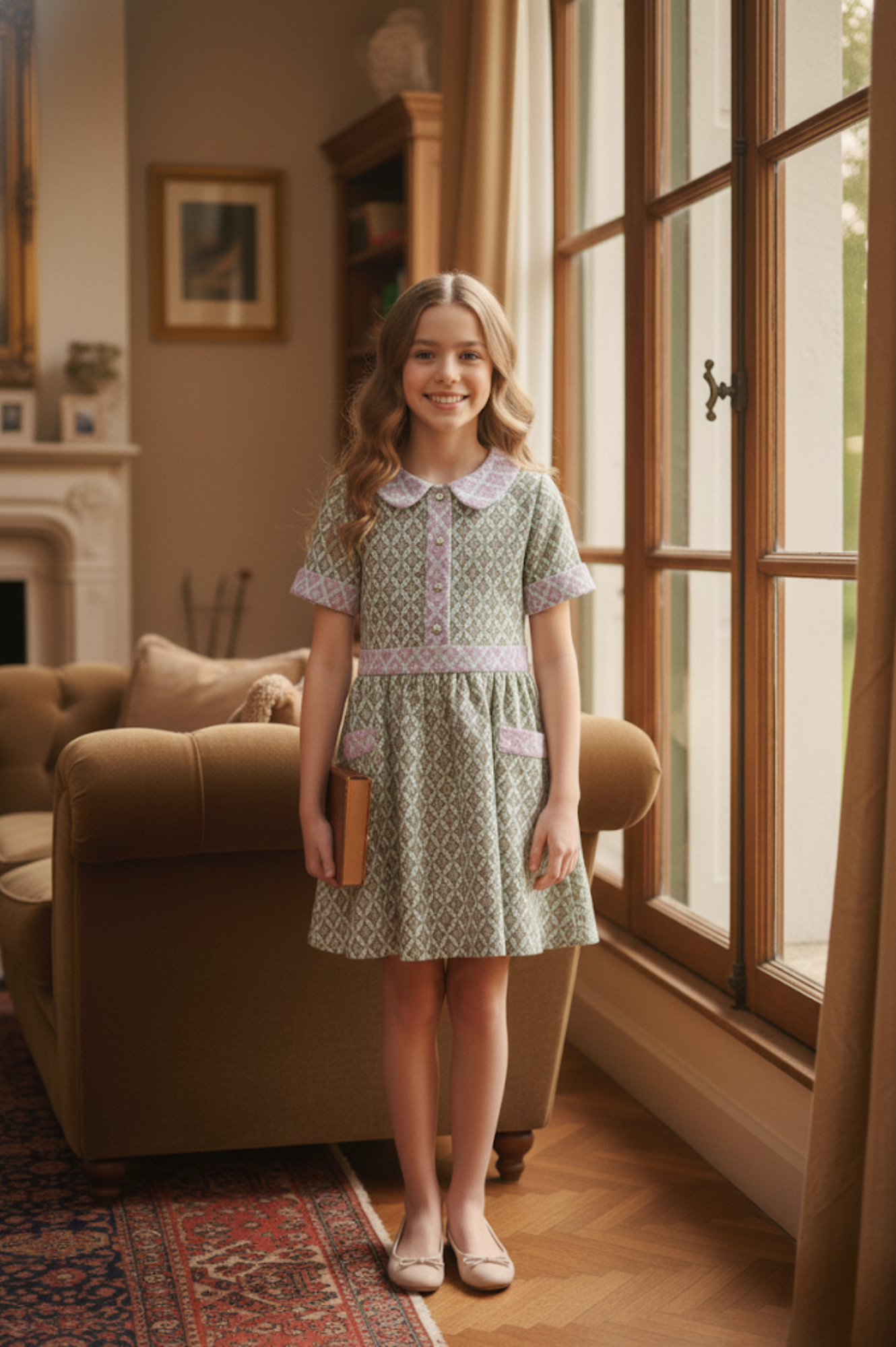 Two Tone Mod Dress w/ Rhinestone Buttons Green