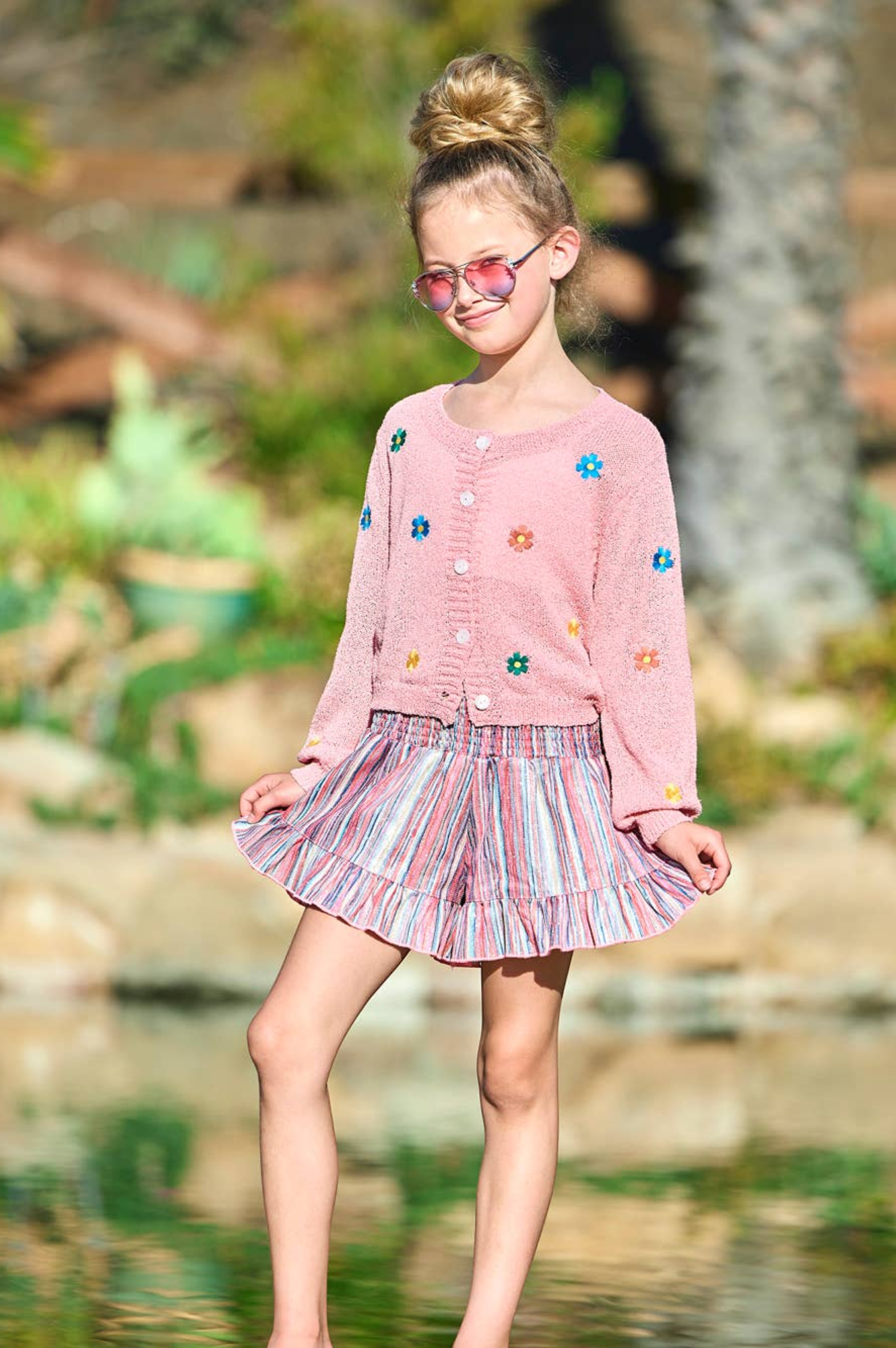 Glitter Stripe Shorts w/ Smocked Yoke Coral