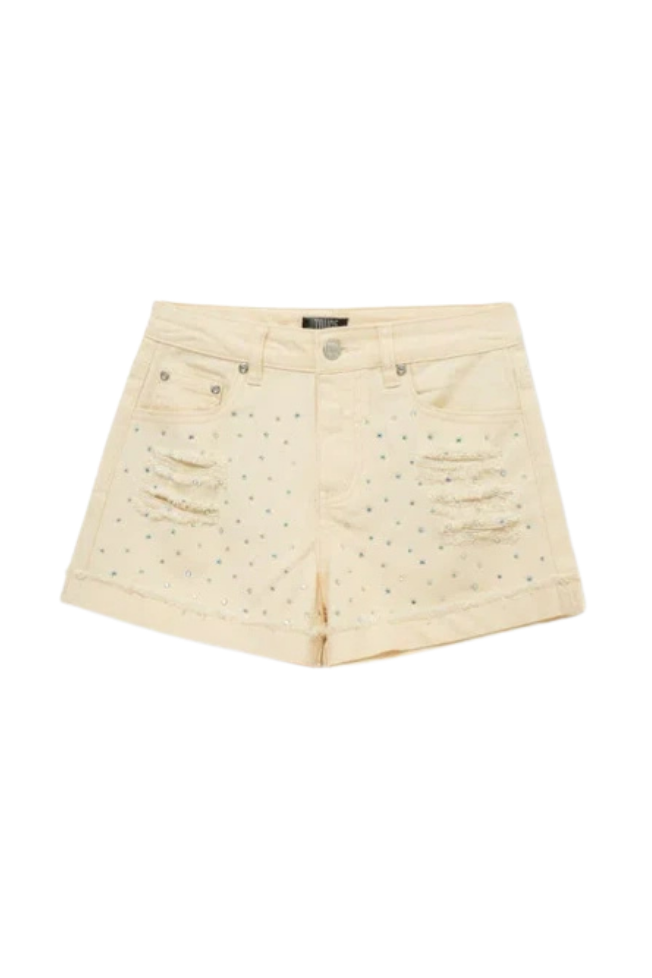 Beige Shorts w/ Frayed Hem & Rhinestones