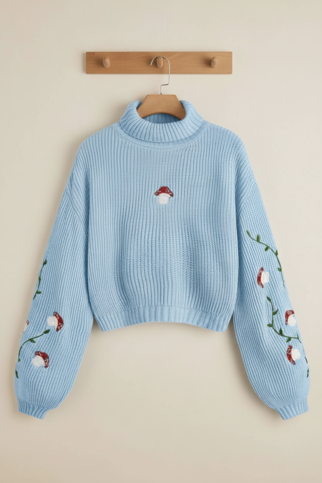 Baby Blue Turtleneck Sweater with Mushrooms