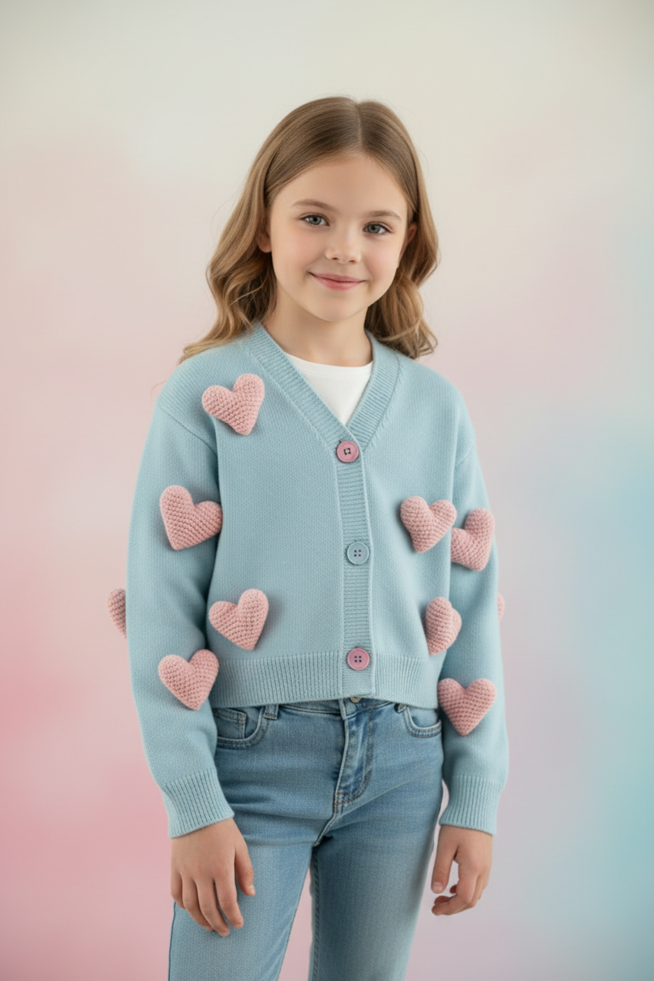 Blue Cardigan with Pink Hearts