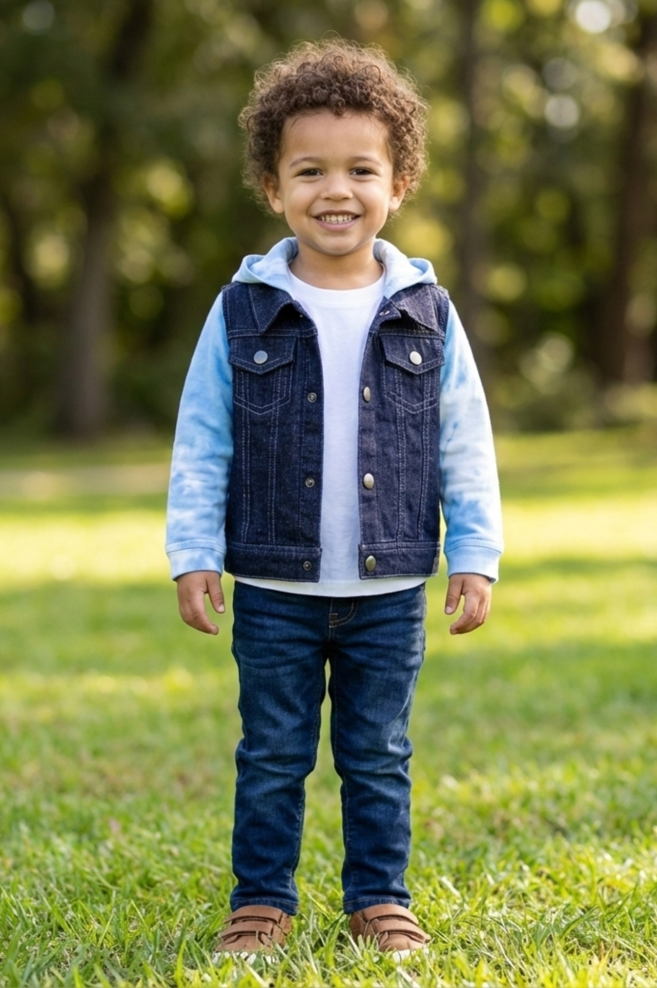 Knit Denim Hooded Jean Jacket with Contrast Sleeves