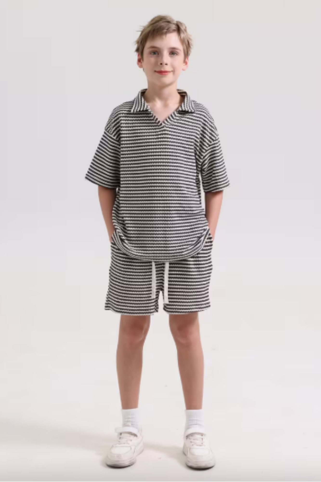 Beige & Brown Striped Shorts Set