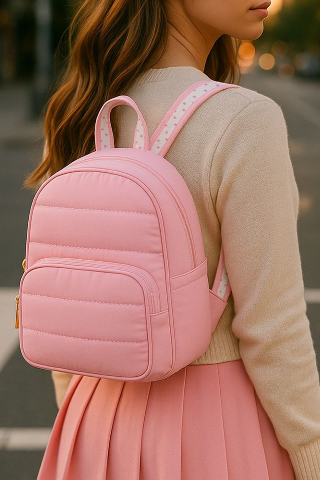 Pink Puffer Mini Backpack Heart Straps