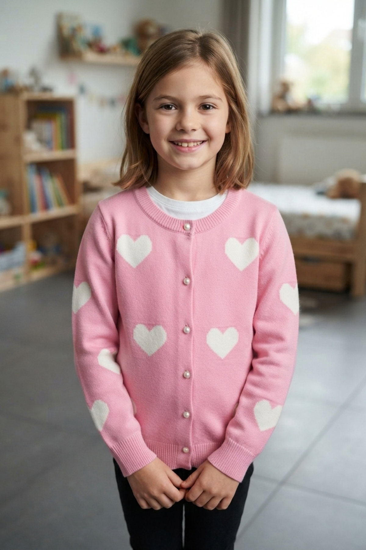 Pink Cardigan White Hearts