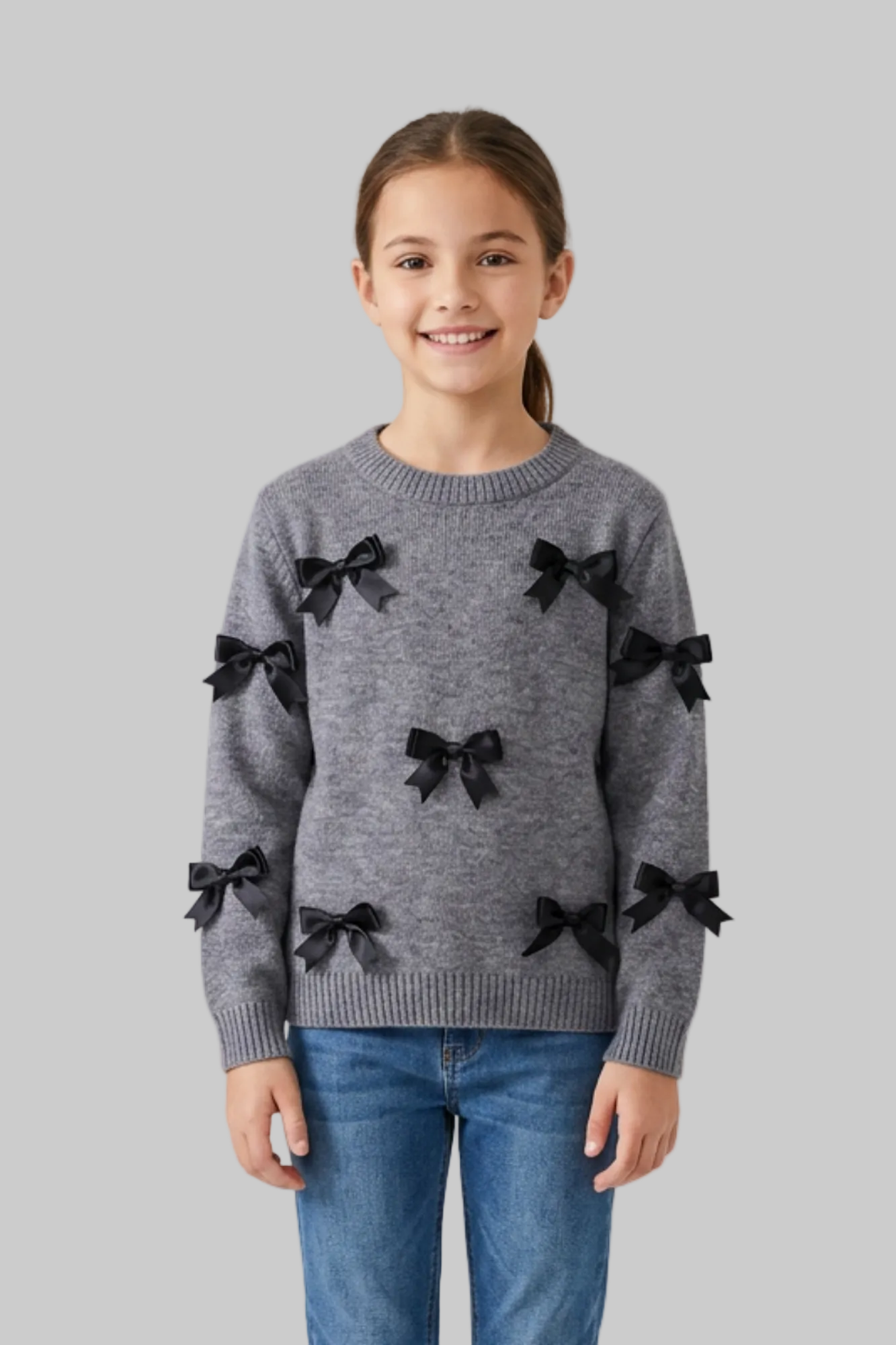 Grey Pullover with Black Bows