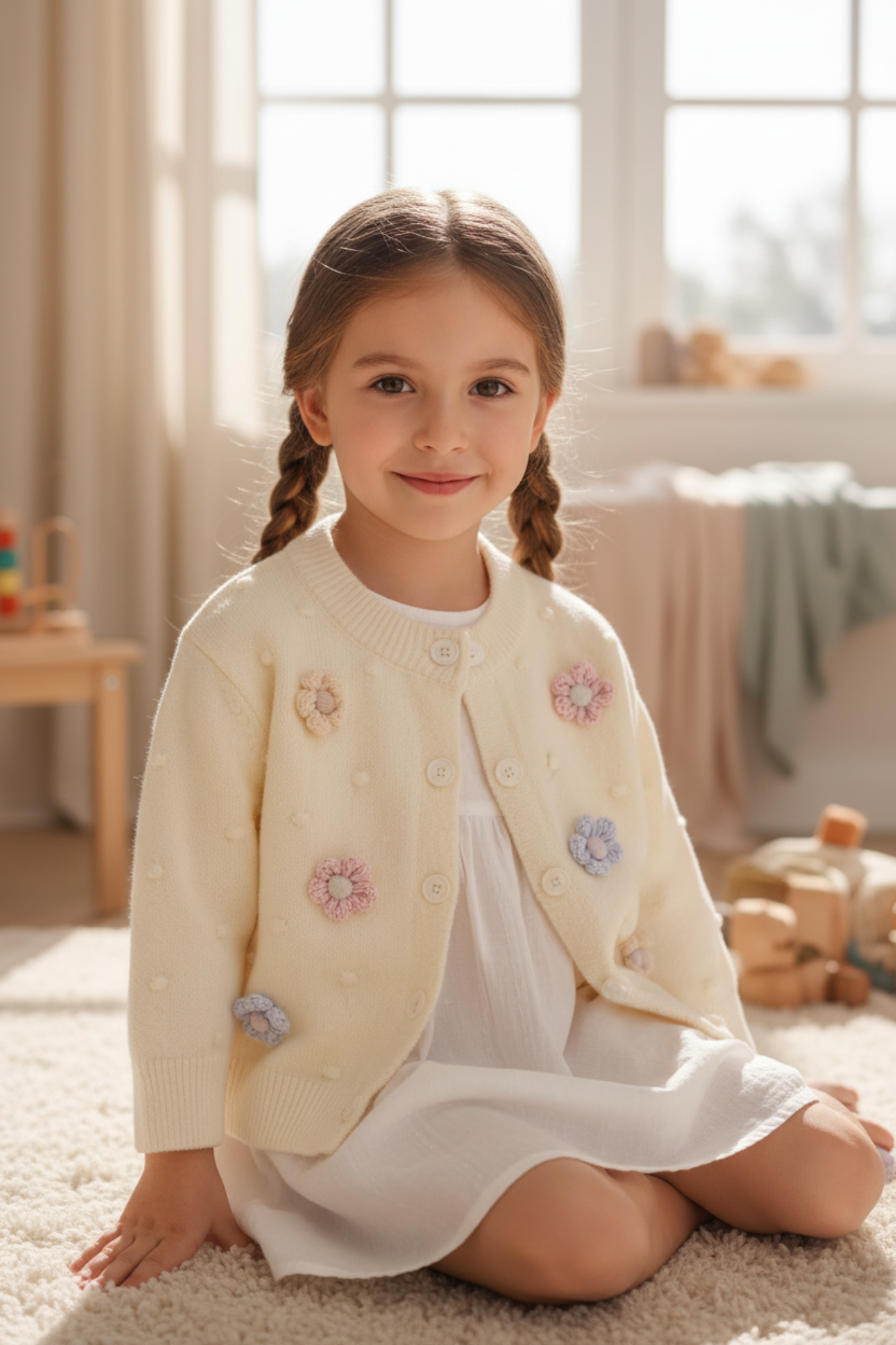 Beige Cardigan with Flowers & Dots