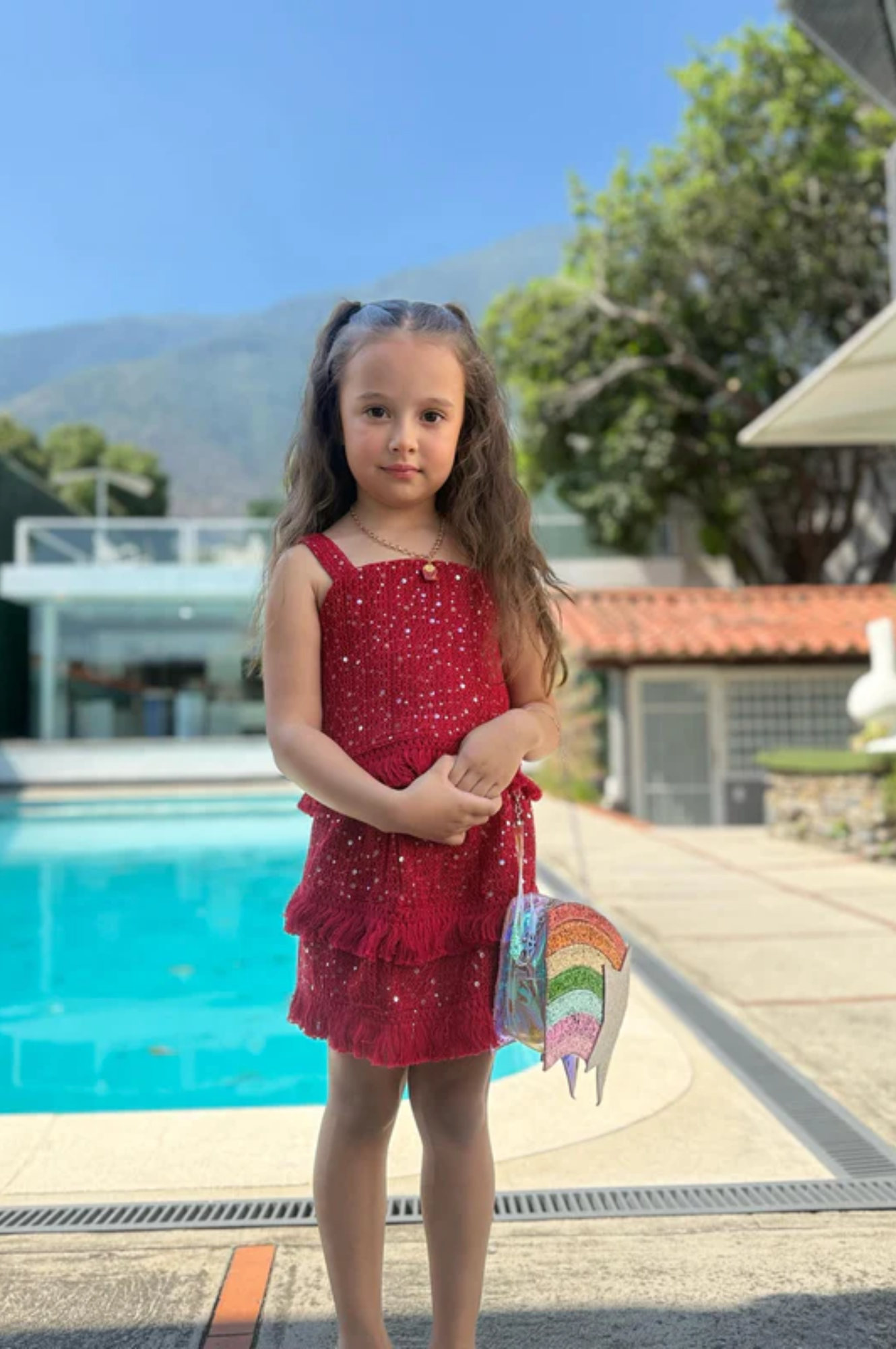 Sequins w/ Fringe Skirt Red Set