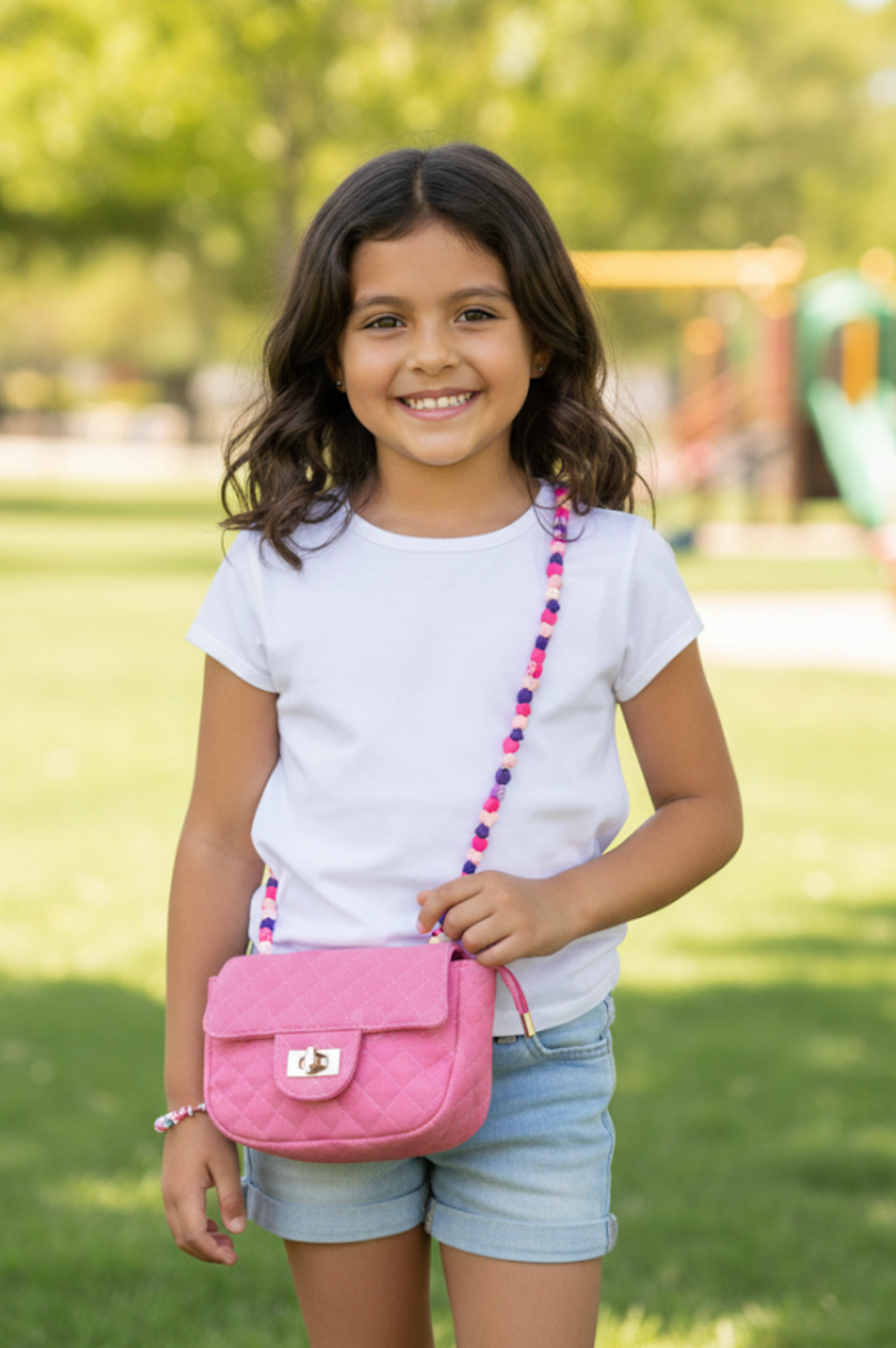 Pink Denim Charm Handle Bag
