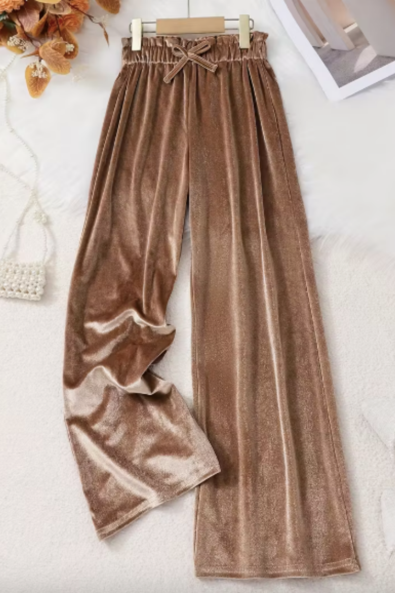 Khaki Velvet Wide-Leg Pants