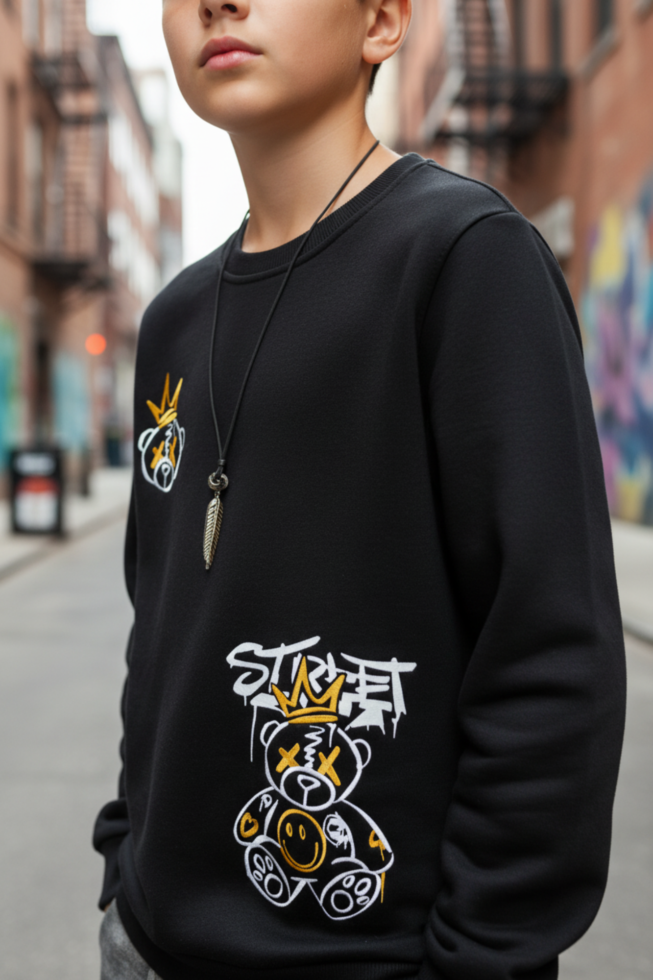 Black Sweater with Bear Street Graffiti