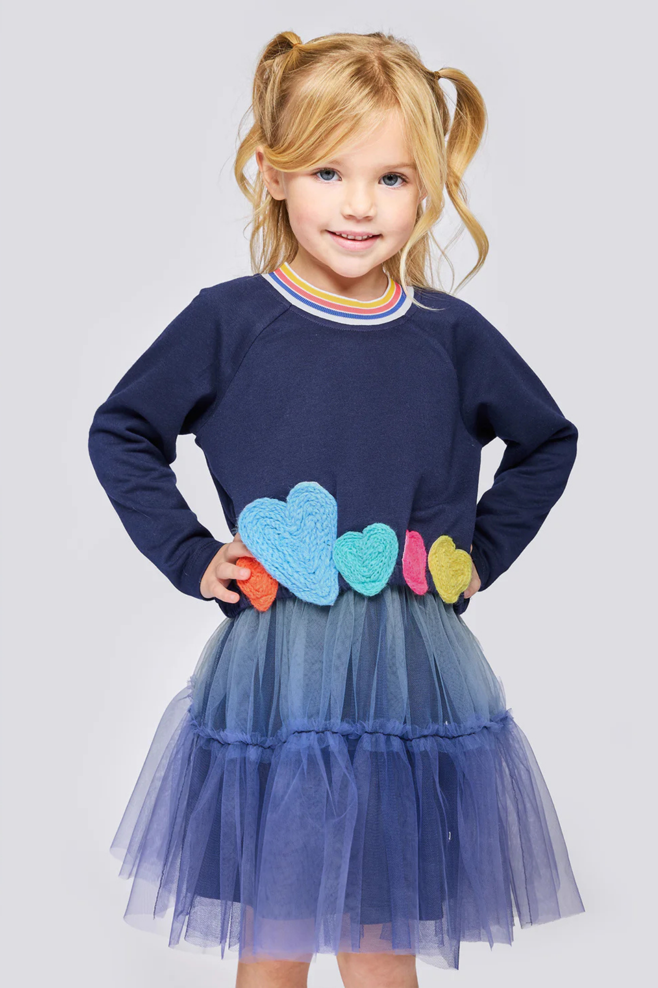 Navy Dress w/ Heart Trim & Ombre Tutu Mesh