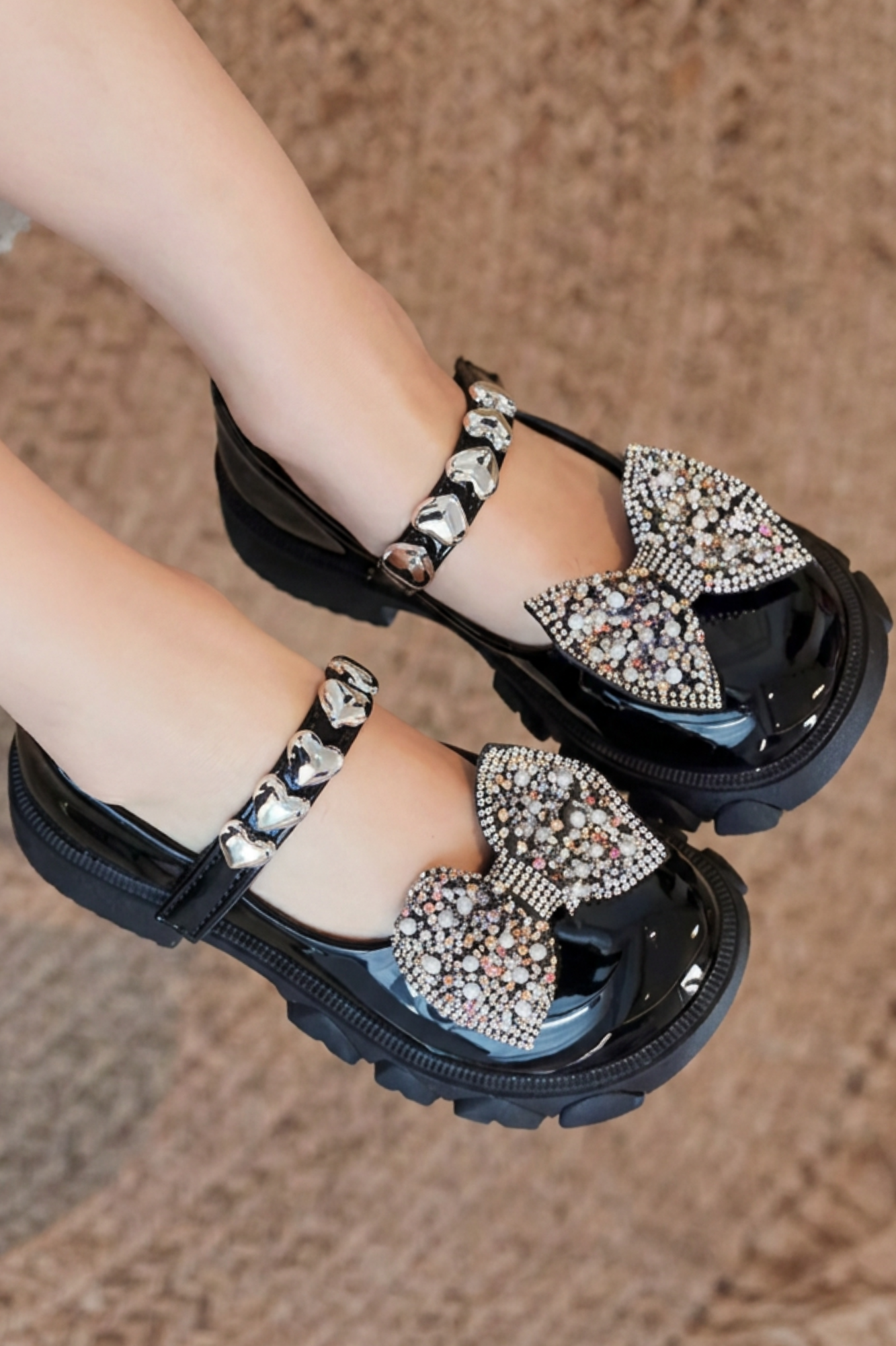 Black Loafers w/ Sparkly Bow & Metallic Hearts