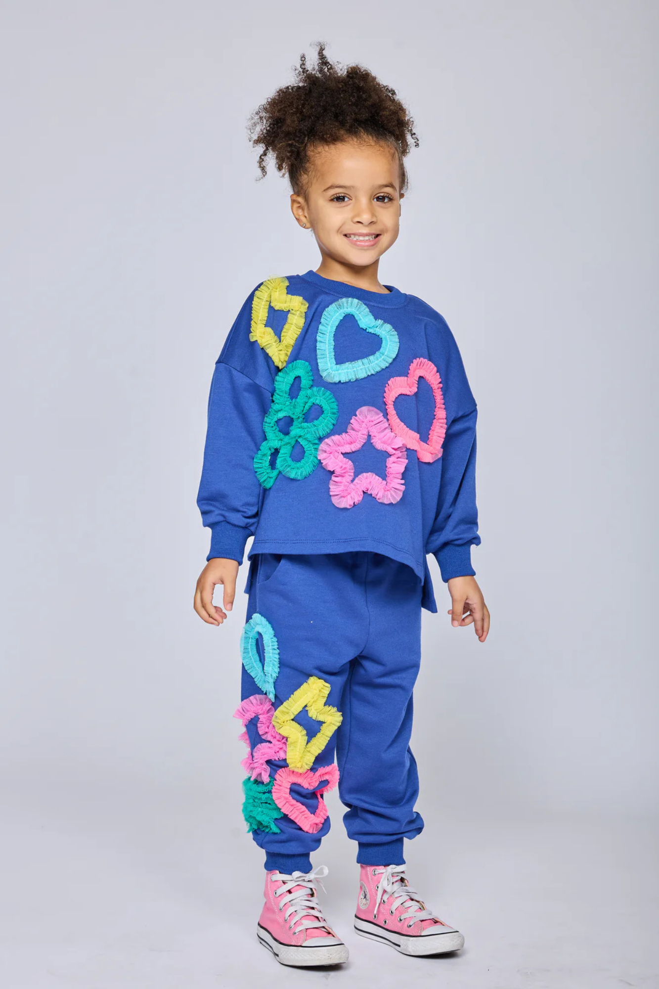 Blue Top & Jogger w/ Mesh Heart, Star & Flowers