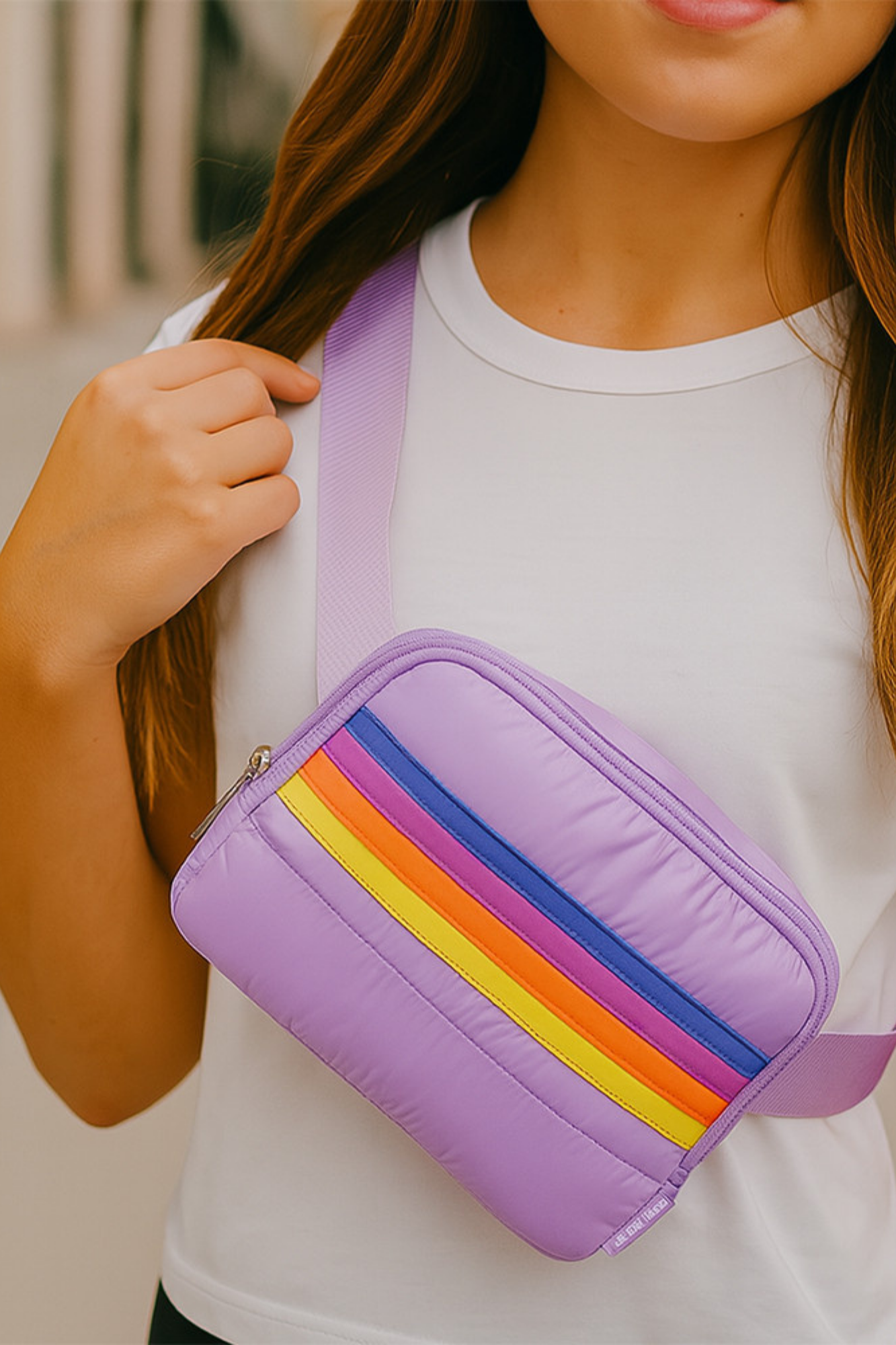 Purple Retro Sripes Puffer Belt Bag