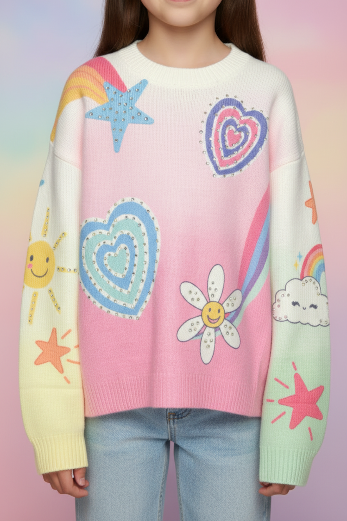 Icon Print Sweater w/ Rhinestone Details