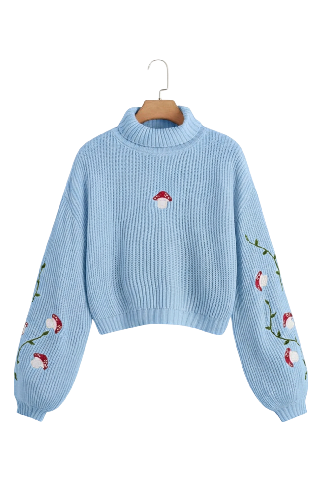Baby Blue Turtleneck Sweater with Mushrooms