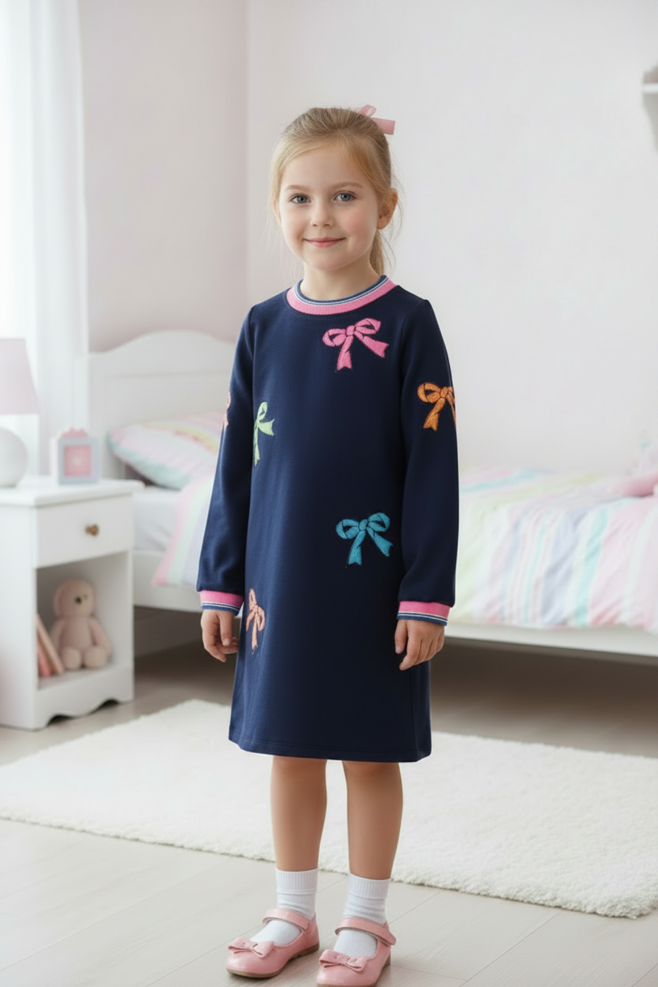 Navy Blue Dress with Sequin Bows