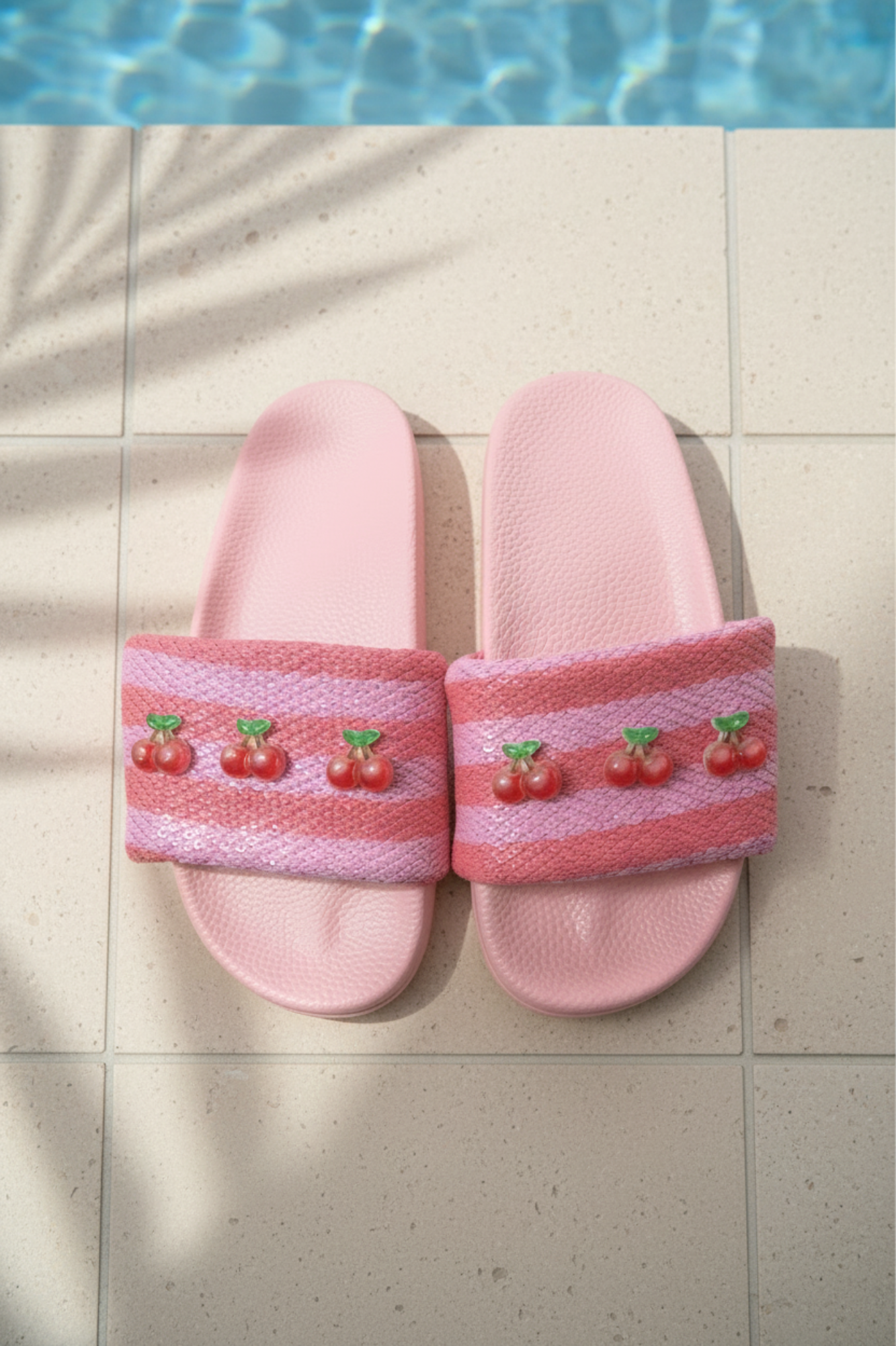 Raffia Stripe Cherry Charm Slides