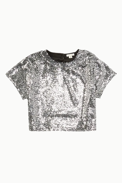 All-over Sequin Mesh Silver Top