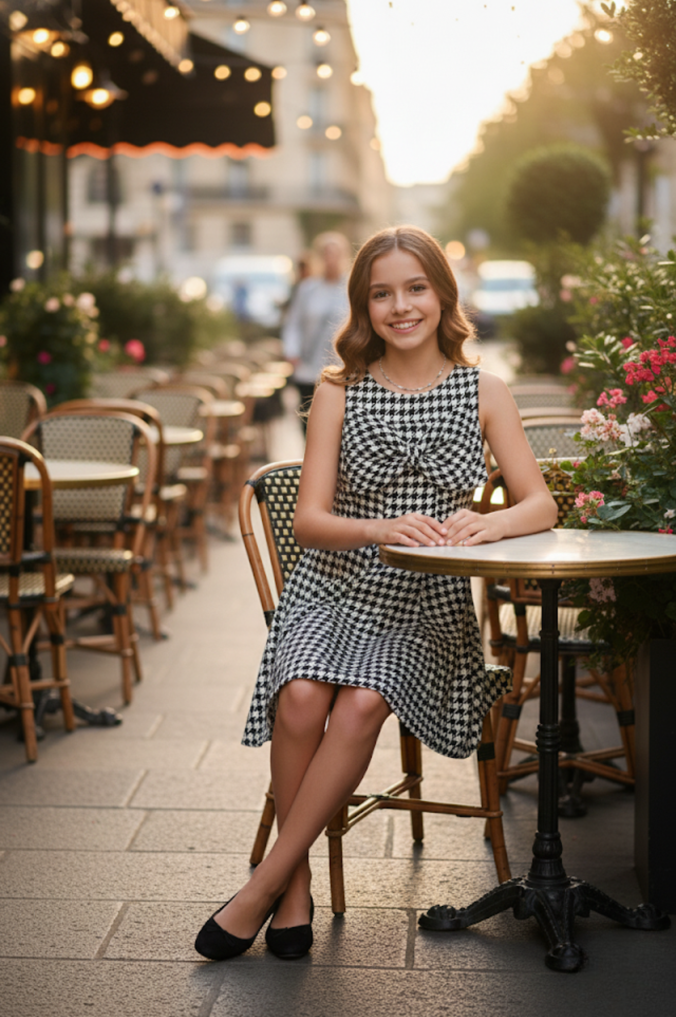Houndstooth Flare Dress w/ Double Bow Black Multi