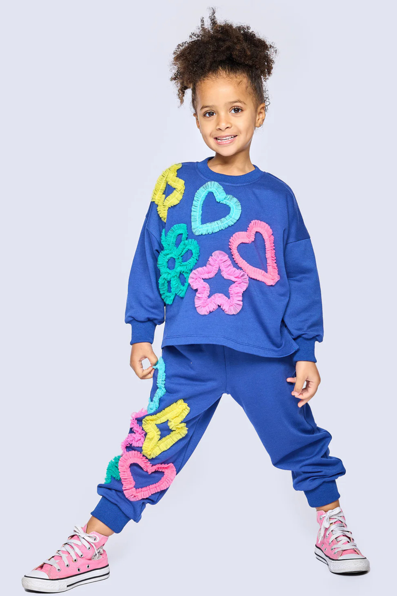Blue Top & Jogger w/ Mesh Heart, Star & Flowers