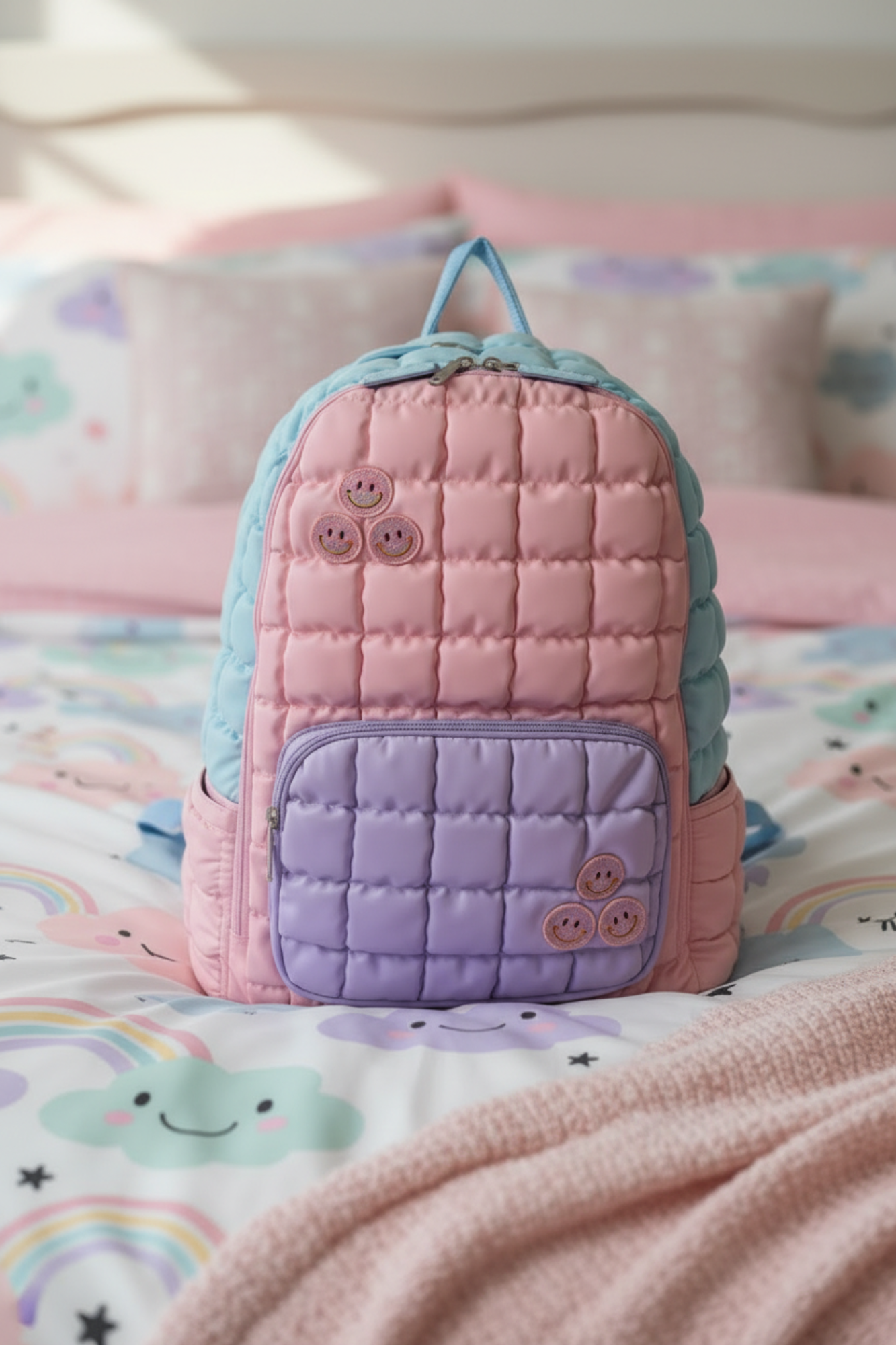 Smiley Confetti Charm Puffy Quilted Mini Backpack