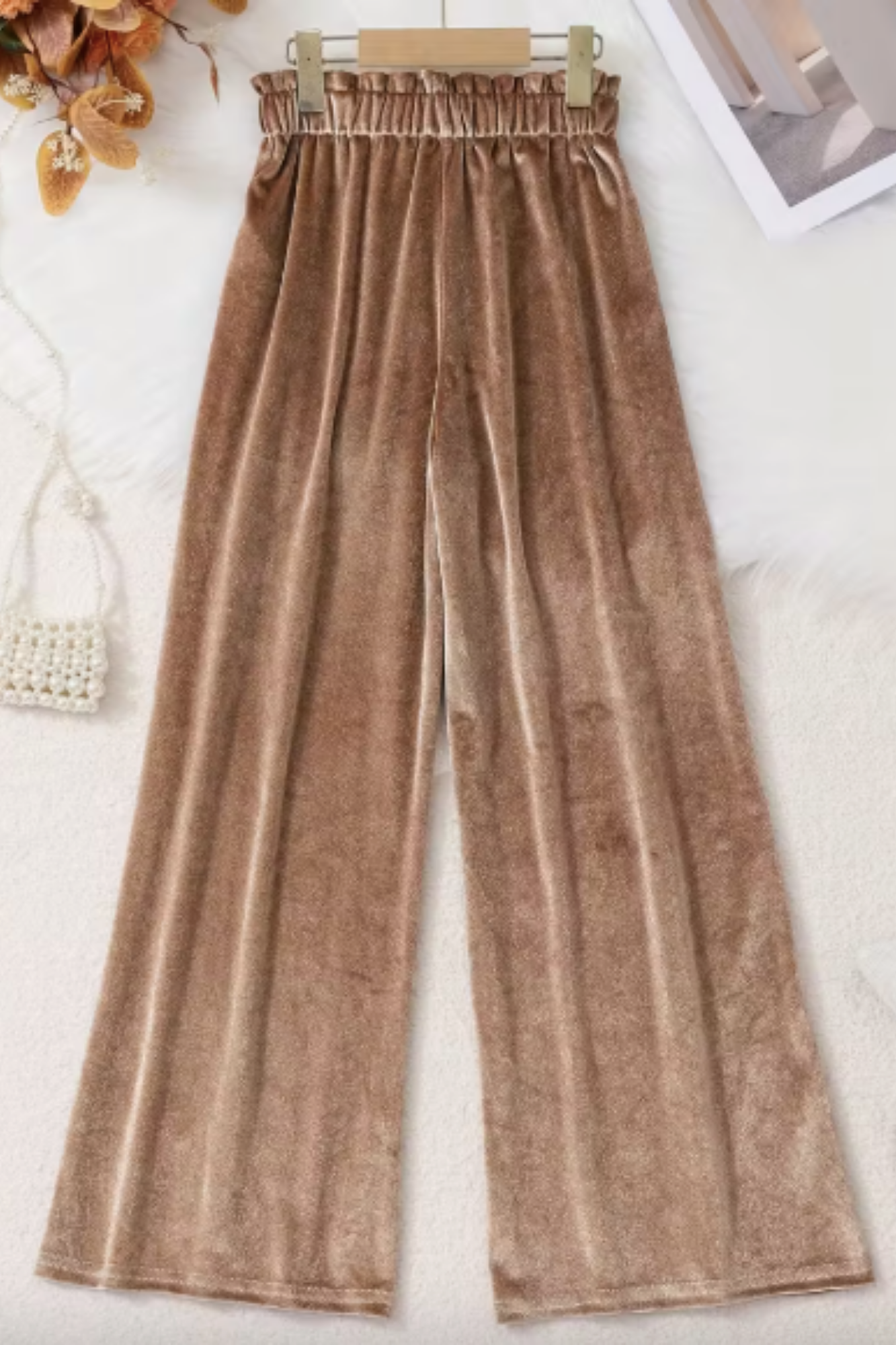Khaki Velvet Wide-Leg Pants