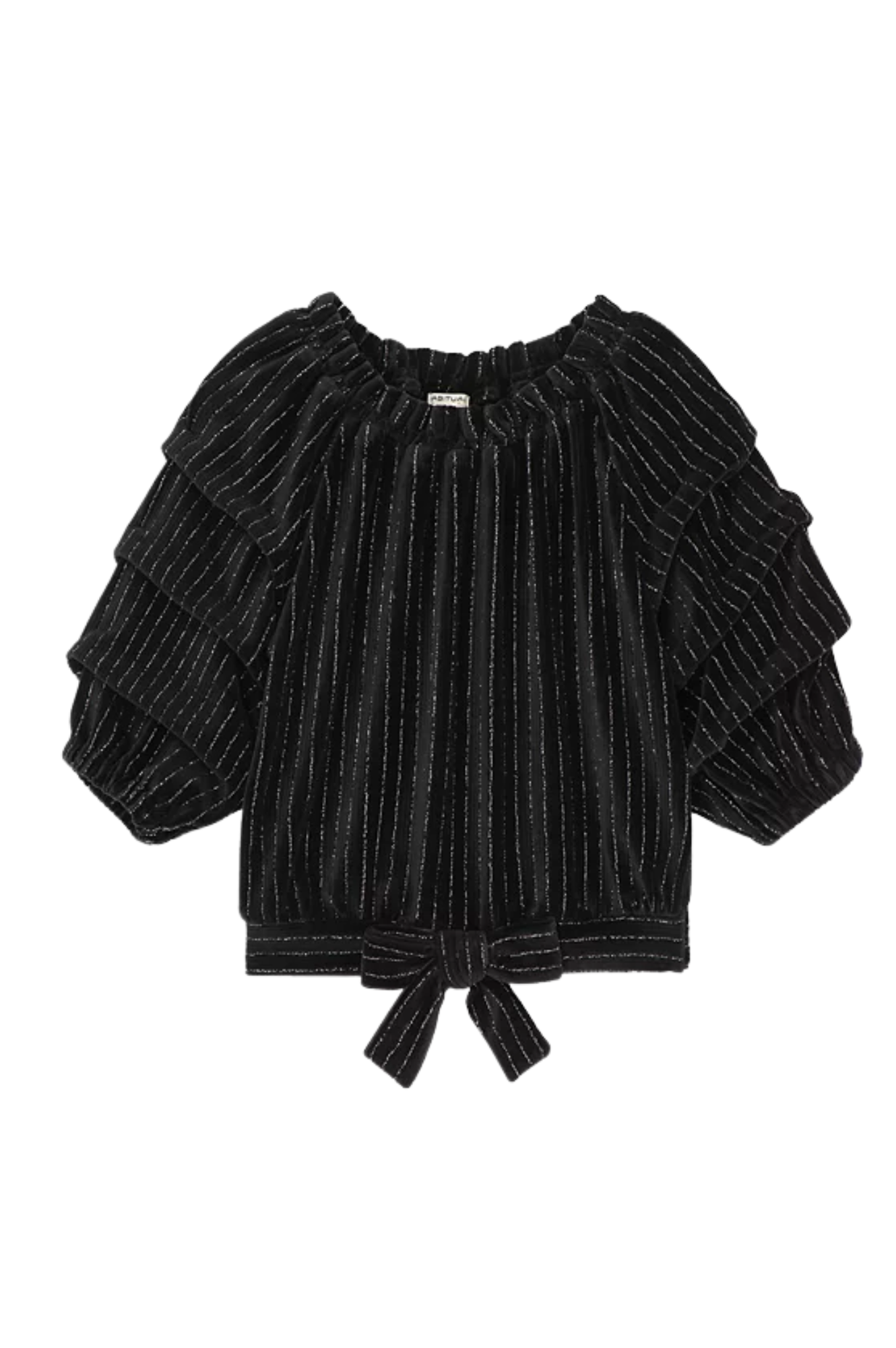 Velour Gathered Sleeves Black Top