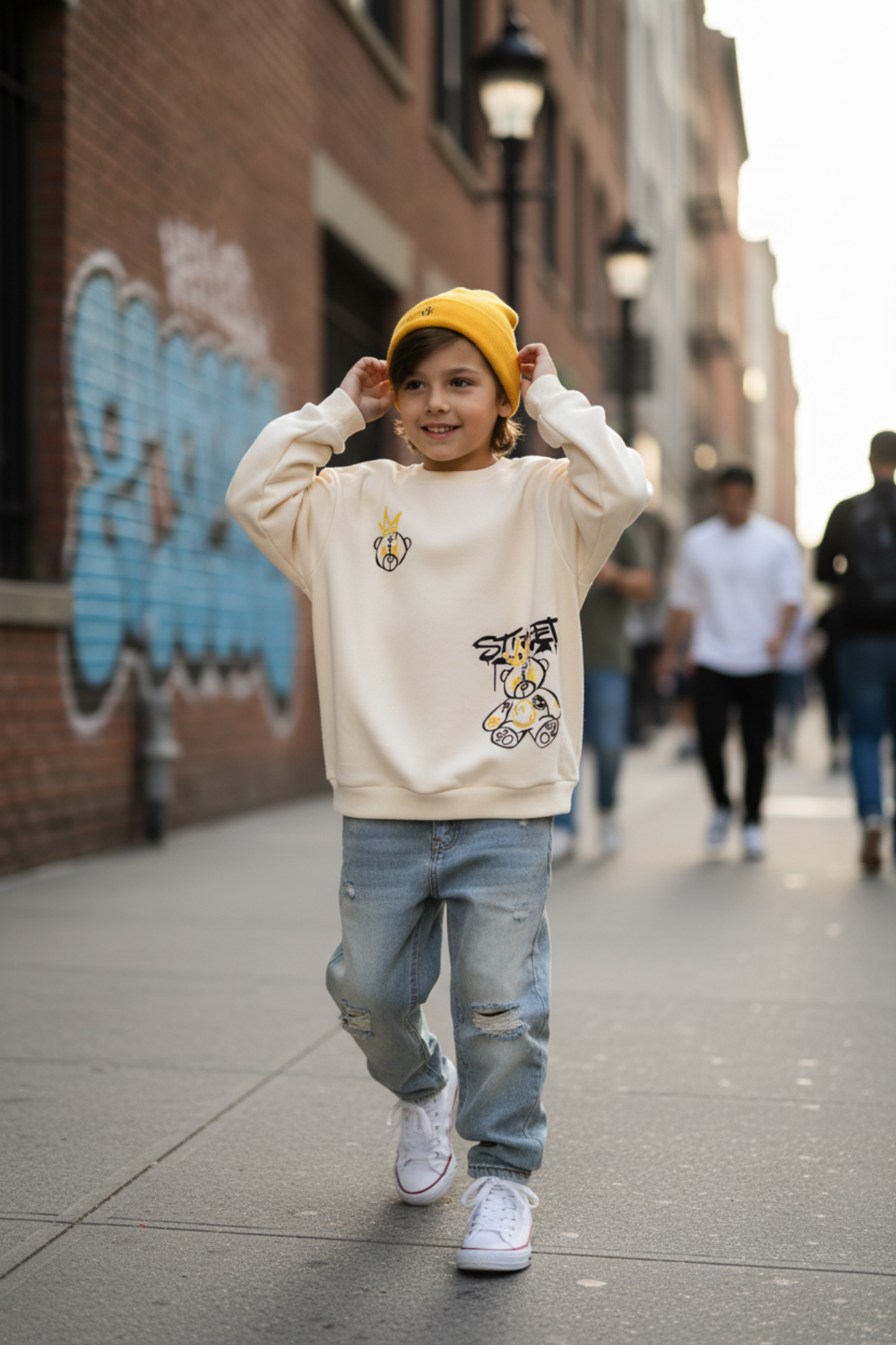 Beige Sweater with Bear Street Graffiti