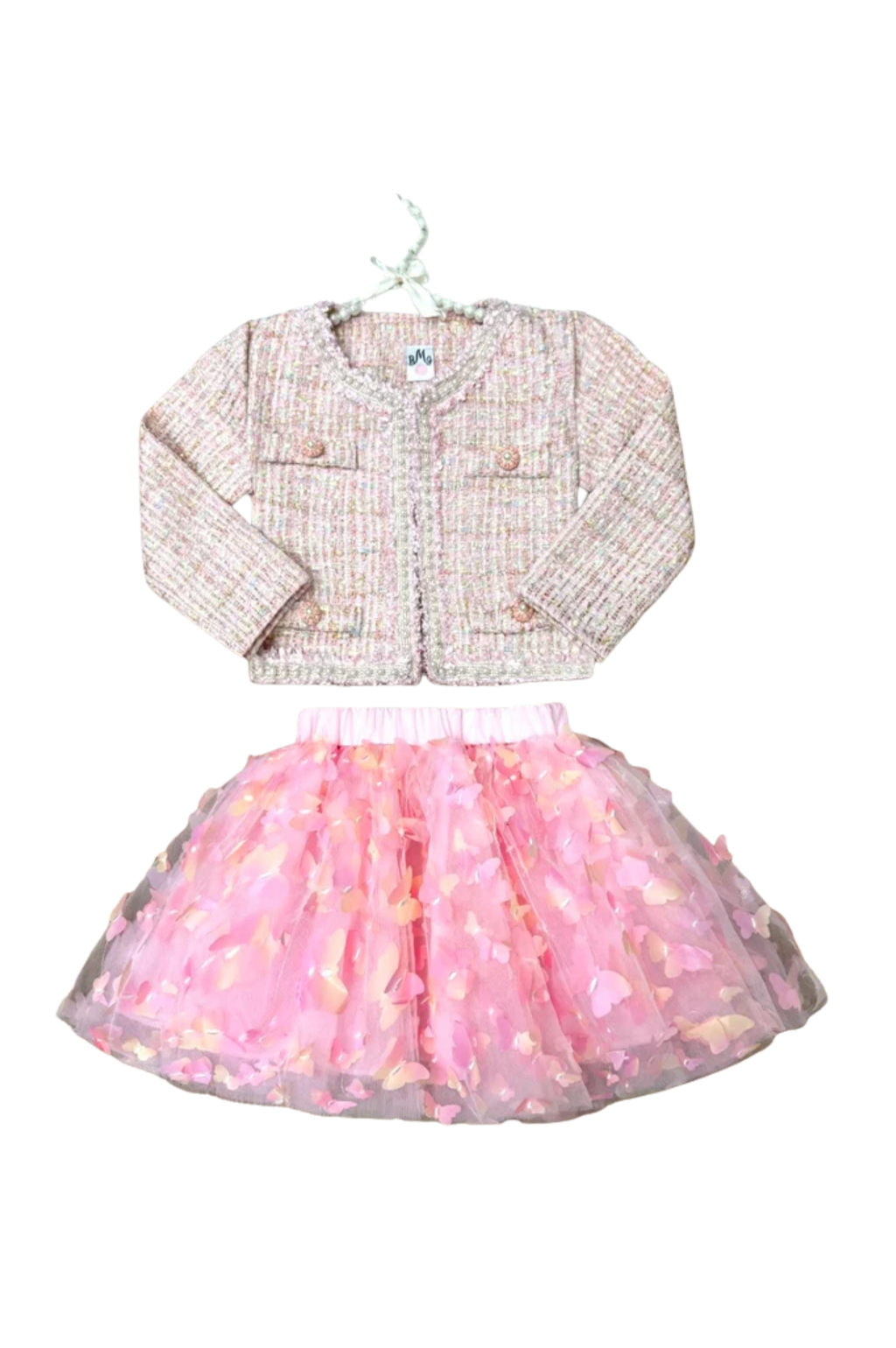Pink Sparkle Tweed Jacket & Butterfly Tutu Skirt Set