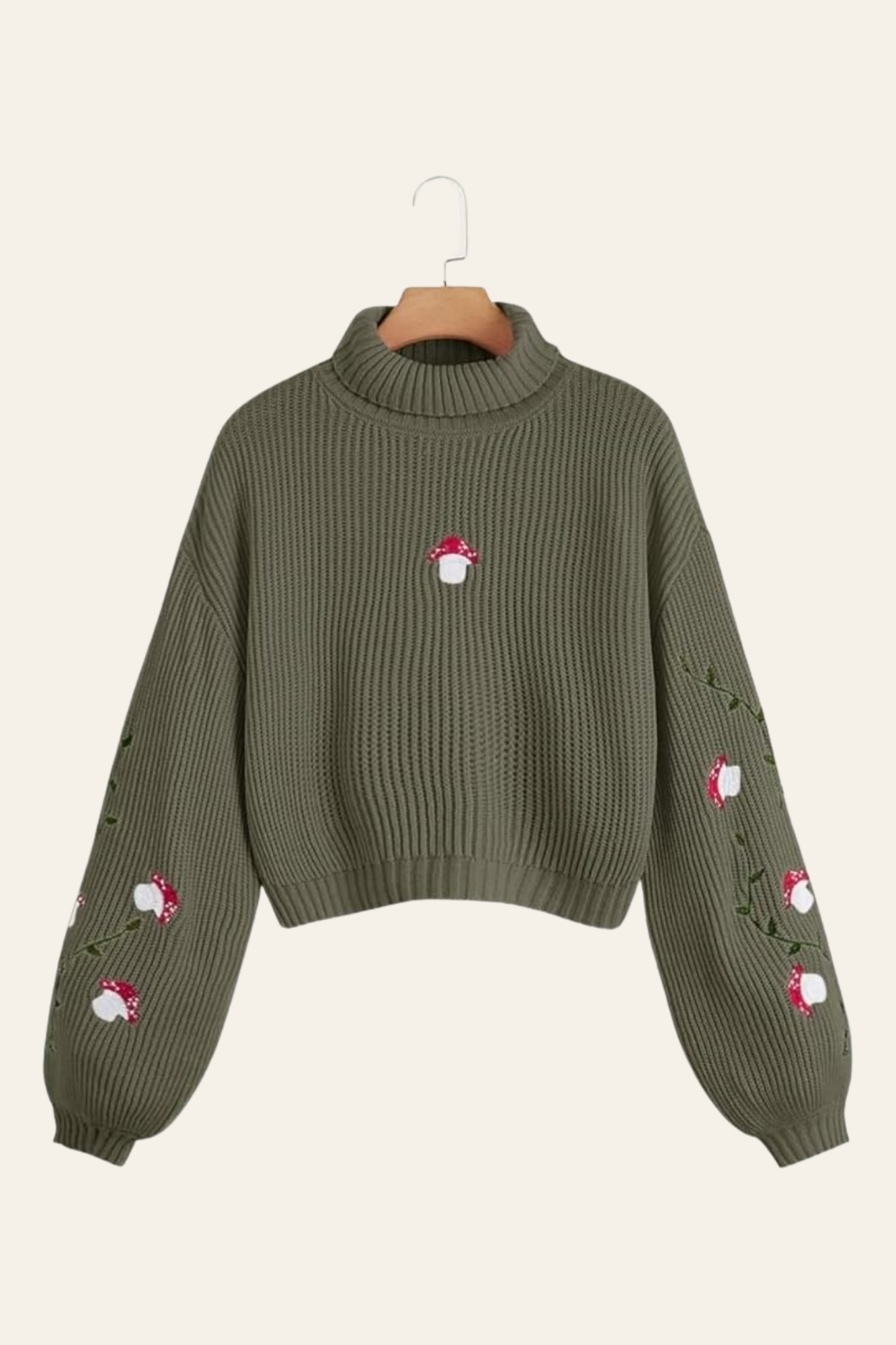 Green Turtleneck Sweater with Mushrooms
