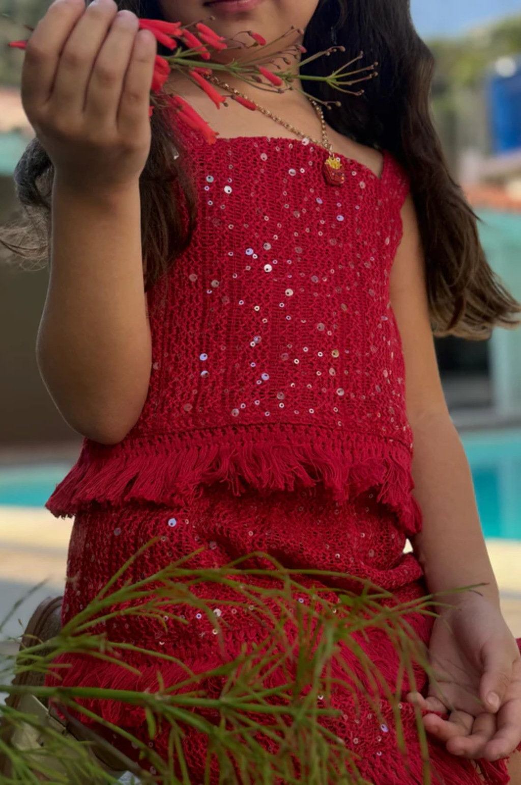 Sequins w/ Fringe Skirt Red Set