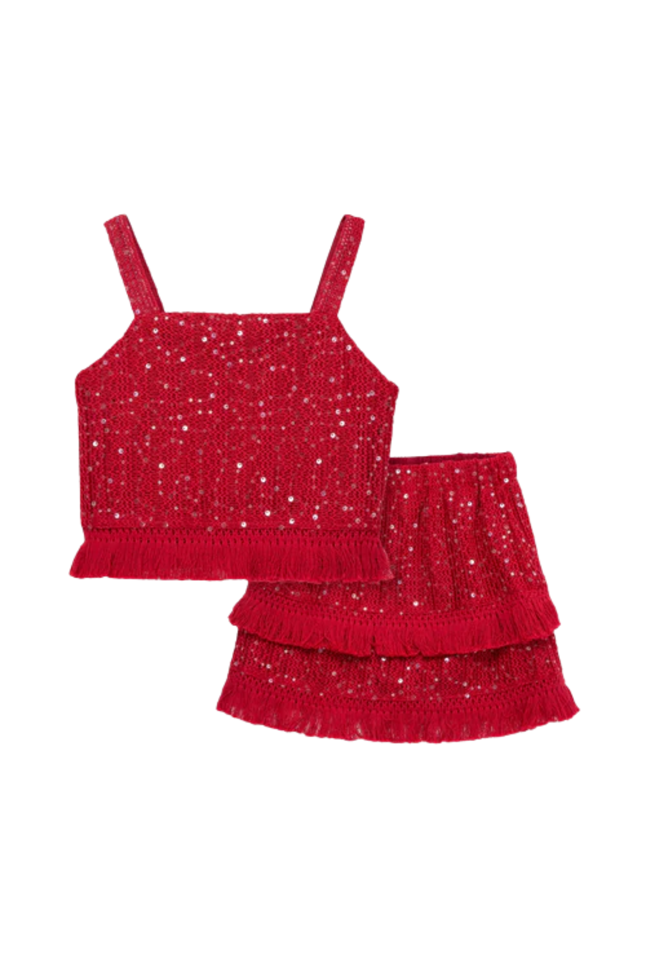 Sequins w/ Fringe Skirt Red Set