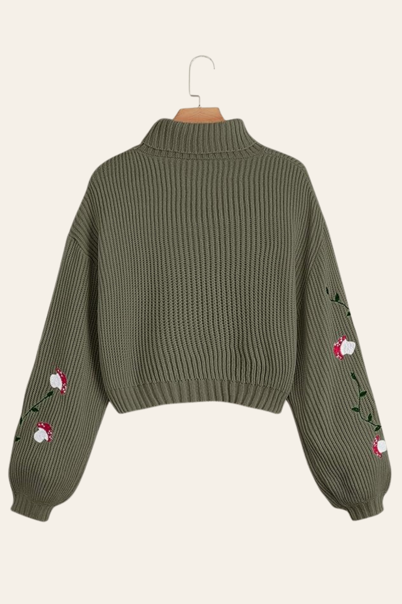 Green Turtleneck Sweater with Mushrooms
