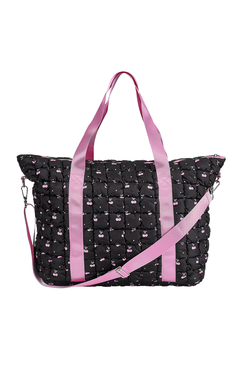 Black Scrunchie Puffer Tote Cherry Pattern