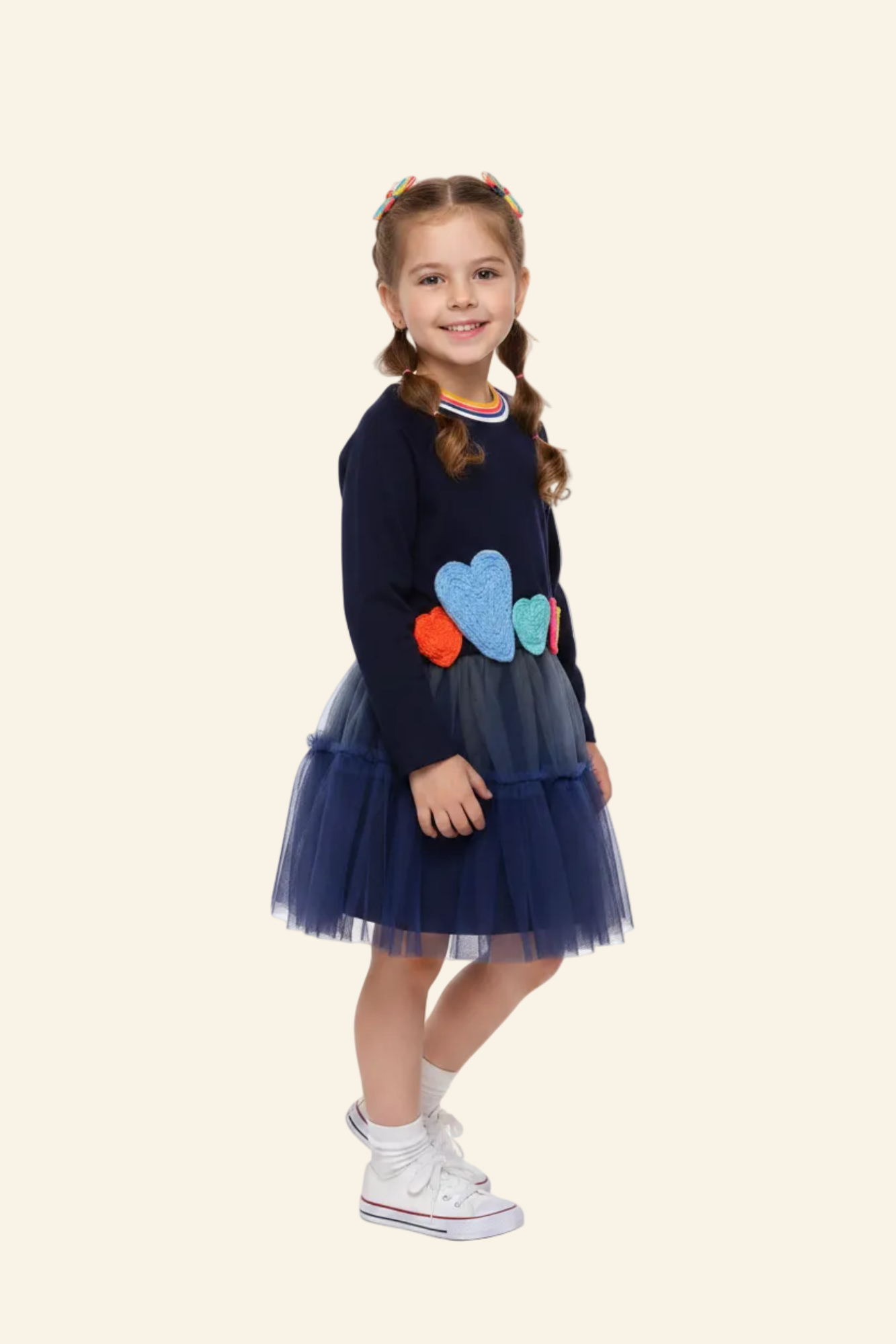 Navy Dress w/ Heart Trim & Ombre Tutu Mesh