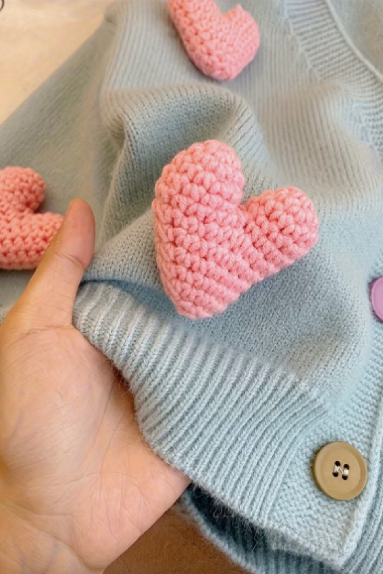Blue Cardigan with Pink Hearts