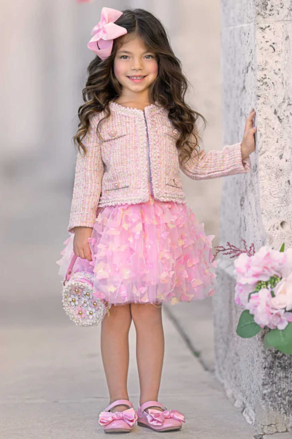 Pink Sparkle Tweed Jacket & Butterfly Tutu Skirt Set