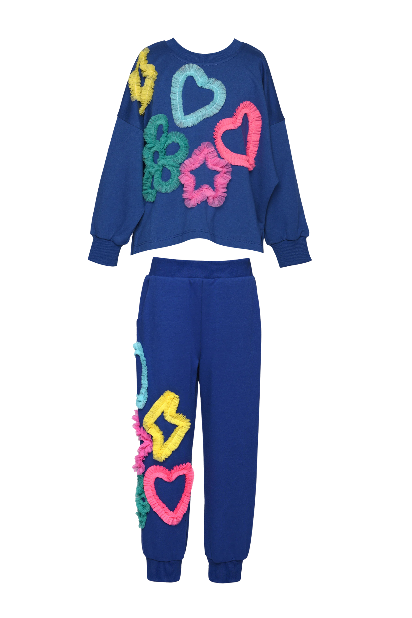Blue Top & Jogger w/ Mesh Heart, Star & Flowers