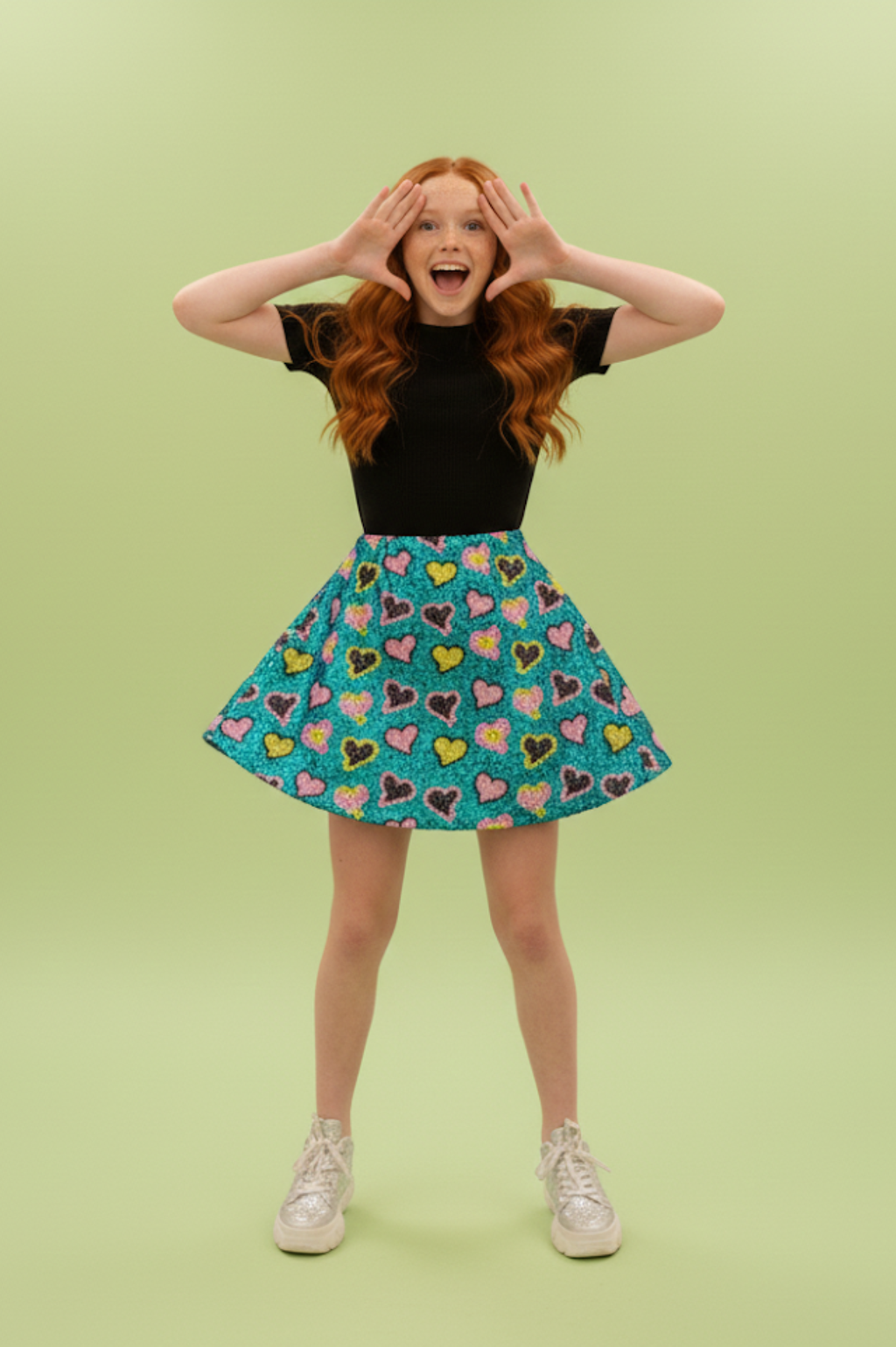 Multicolor Heart Print Sequin Mini Skirt