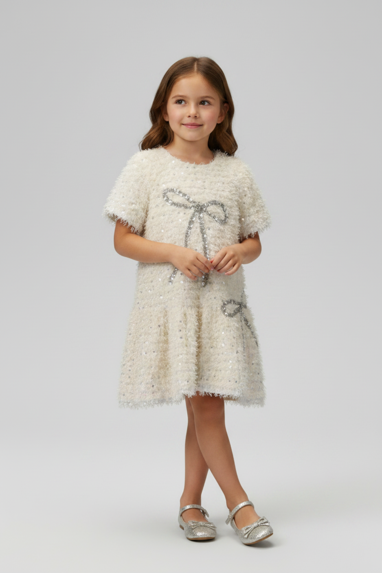 Ivory Tiered Dress w/ Sequin Bow Detail