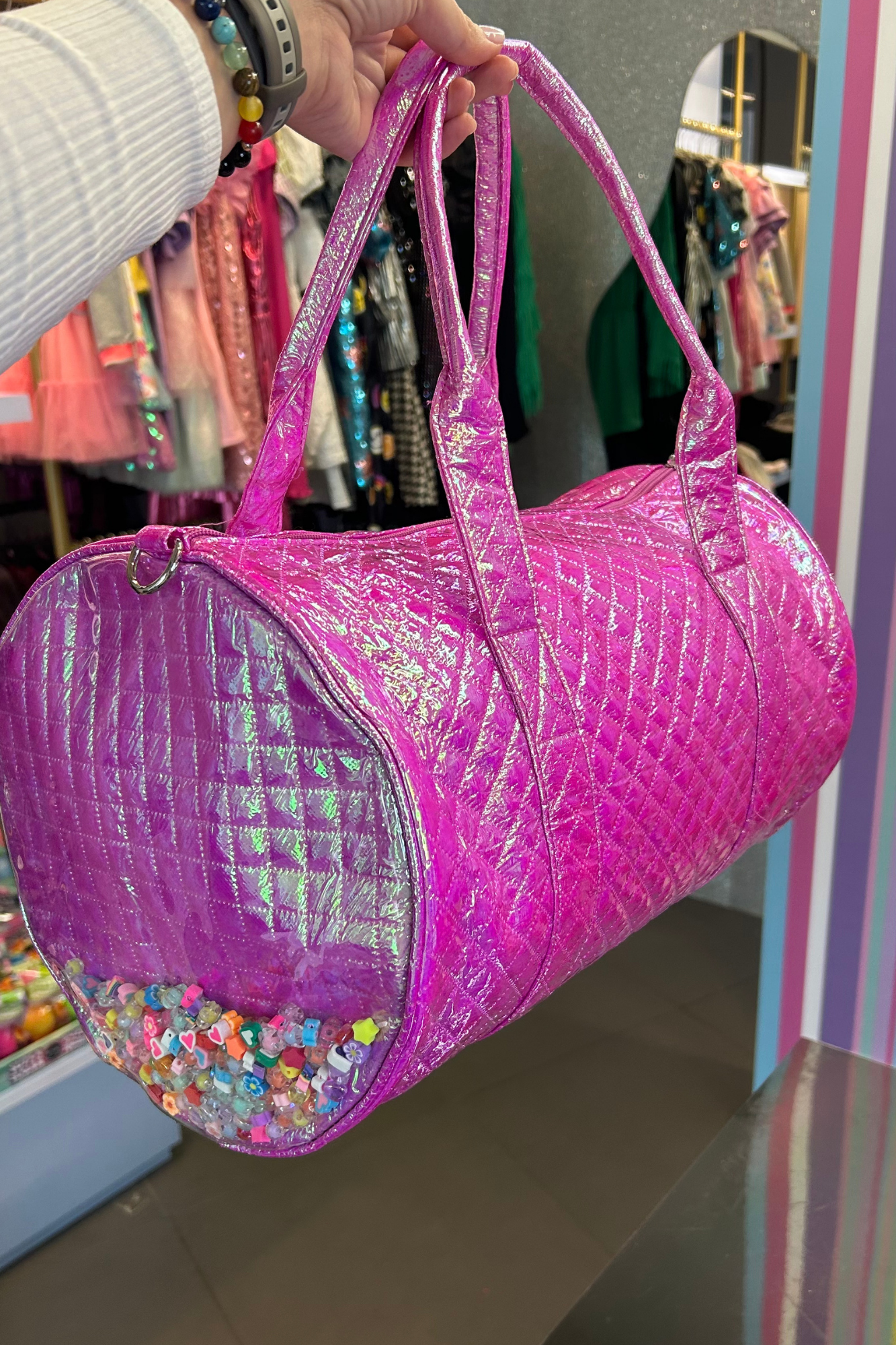 Iridescent Pink Duffle Bag w/ Charms